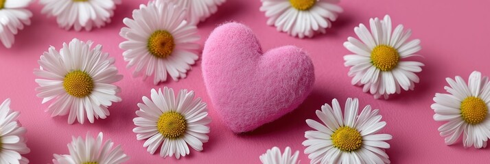 Pink fluffy heart surrounded by white daisies on a pastel pink background, soft, cheerful, romantic, spring, minimal, love, gentle, bright, floral, fresh, cute, positive, peaceful.