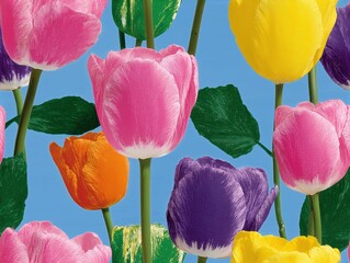 seamless patterm of  tulips in pink, yellow, purple, orange and green with realistic texture against a blue sky. Bright, fresh, floral, spring and nature concept, ideal for backgrounds and decoration.