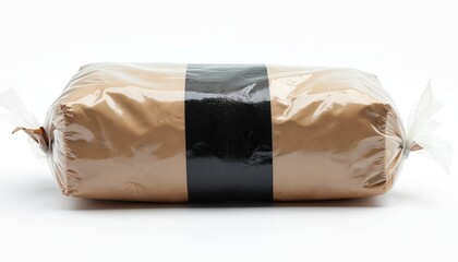 Seized drug package isolated on white background. Brown wrapped pack, black stripe, transparent plastic wrap. Illegal substance, evidence in criminal case. Drugs, narcotics, crime, law enforcement.