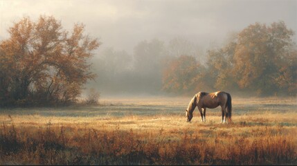 horse grazing in misty meadow with autumn colors, soft morning light, photorealistic