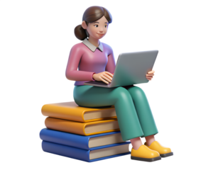Woman on Stack of Books Using Laptop 3D Rendering - Education & Digital Learning Integration Conceptual Scene on Transparent Background