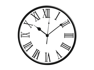 A sleek, modern black clock features Roman numerals against a dark background, exuding elegance and minimalist design.