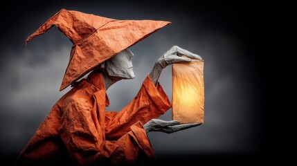 Mysterious figure in orange wizard hat and robe holds a glowing lantern. Fantasy, magic, mystery, and Halloween concept with surreal, artistic style and dramatic lighting.