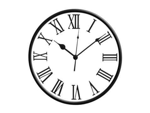 A sleek, modern black clock features Roman numerals against a dark background, exuding elegance and minimalist design.