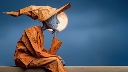 Origami-style figure in orange robe and pointed hat sits thoughtfully under the moon against a blue sky. Artistic, fantasy, solitude, and creative concept with surreal paper sculpture effect.