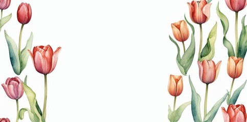 watercolor  illustration of a red tulips background copy space center horizontal banner. tulip spring flower vector backdrop.