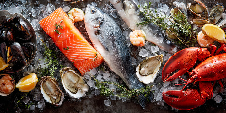 fresh seafood display on crushed ice - Powered by Adobe