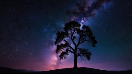 Vibrant Milky Way Galaxy Sky Behind Tree Silhouette on Hill Background