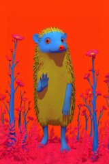 Surreal illustration of a blue and yellow hedgehog waving in a vibrant field with pink flowers and blue stems on an orange background. Creative, whimsical, fantasy and bold concept.