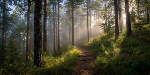 Naklejka premium mysterious foggy forest path morning