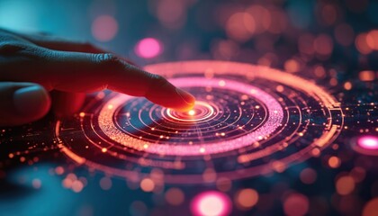 Fingertip touches glowing digital interface. Futuristic tech concept, seamless interaction, modern design. Touchscreen, innovation, progress, potential, high-tech, AI, data visualization.
