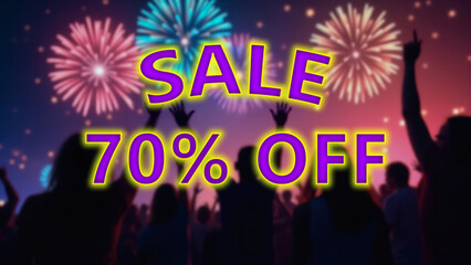 A large group of enthusiastic people silhouetted against a colorful fireworks display in the night sky,with the text "70% off" prominently displayed in the center.