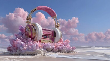 Retro cassette player with headphones surrounded by pastel crystals on a dreamy beach, pink clouds in the sky, surreal fantasy scene, vintage music vibes, peaceful atmosphere, creative concept.