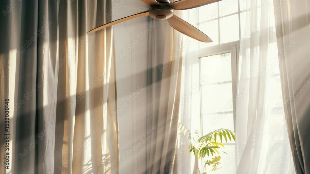 Poster a ceiling fan sitting in front of an open window, with natural light streaming in