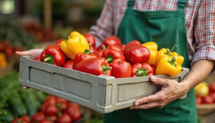 Farmer holds crate of fresh colorful peppers at vibrant market. Red and yellow bell peppers are organic produce, showcase healthy eating. Vegetable selection, summer season, local business