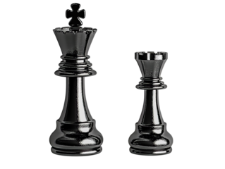 Two elegant black chess pieces, a king and a queen, crafted with intricate details and polished finish.