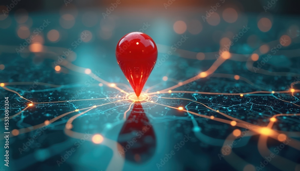 Poster Red map pin marks location on interactive road map display. Technology concept, global positioning system navigation, direction, travel. Futuristic tech, world map with glowing routes, travel