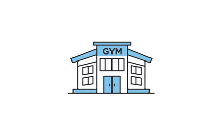 An illustration of a modern gym building with a light blue outline.