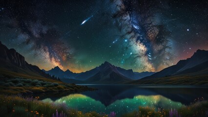 Glowing Milky Way Reflected in Mountain Lake, Star Filled Night Sky