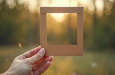 Hand holds blank paper frame with nature bokeh background. Mockup template for business messages, greeting card, presentation. Conceptual image of advertising banner coupon, creating visual