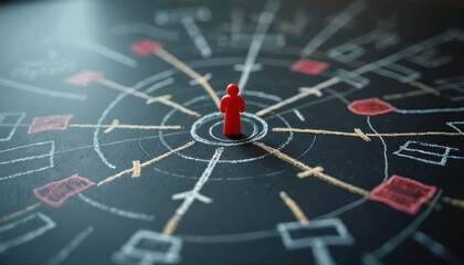 Customer journey map drawn on blackboard. Red human figure in center, surrounded by circles, lines, and rectangles. Business concept, customer experience, process mapping.