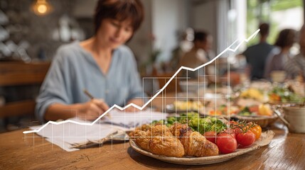 Business Growth Concept with Food and Chart Overlay in Café Setting