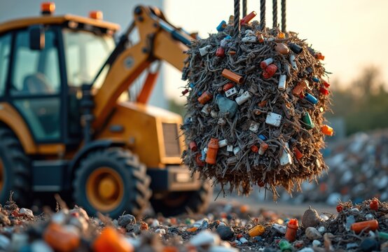 Backhoe excavator uses electromagnets crane lifting pile rubbish junk garbage for recycling. Waste disposal industry, ecology tech, waste management, pollution. Heavy machinery, environment