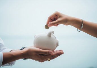 Financial Support Concept with Hand Inserting Coin into a Piggy Bank