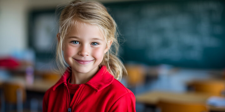 little schoolgirl smiling near chalkboard in empty classroom blurred background