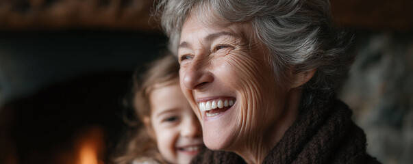 Heartwarming portrait of a joyful grandmother laughing, a smiling grandchild peeking from behind. Represents family bonds, happiness,  multigenerational love.