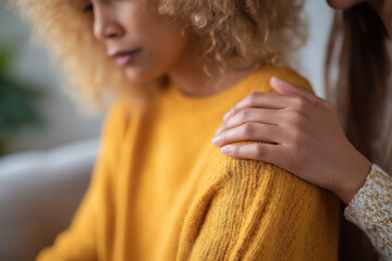 Emotional support during tough times in a cozy indoor setting with two friends
