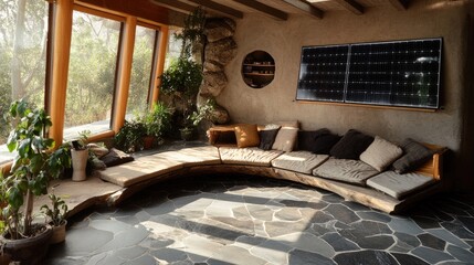 Cozy and Sustainable Living Space with Natural Light and Greenery for Relaxation and Serenity in Modern Home Design