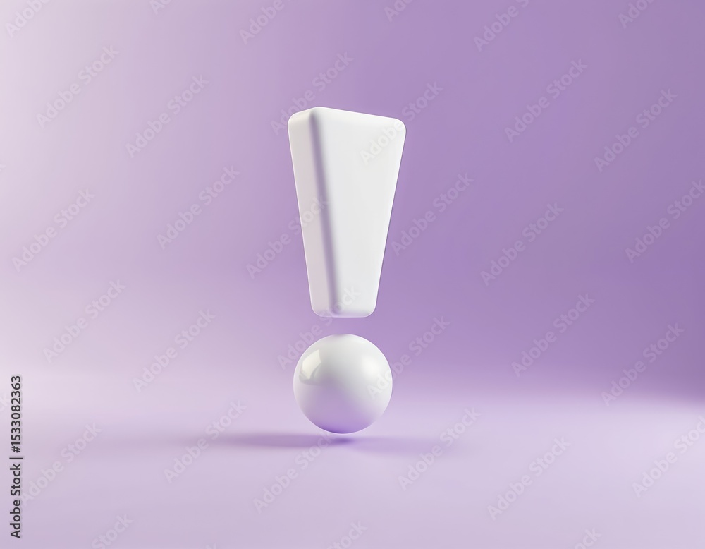Poster Minimal 3D render of white exclamation mark on smooth purple background. Modern playful design with a glossy finish. Symbol of warning attention concept in pop style.