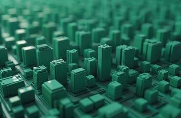 Aerial view of a modern city, green color 3d rendering buildings, city map, green tech. Concept of smart city, urban tech, innovation, tech background. Ideal for architecture, real estate, business.
