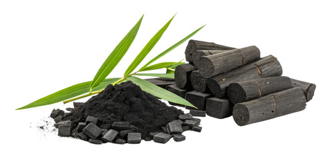 Bamboo Charcoal Powder and Sticks Natural Product Composition, Isolated on Transparent Background, Bamboo, Charcoal, Activated Carbon