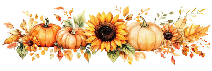 Autumn Watercolor Pumpkins Sunflowers Floral Arrangement, Isolated on Transparent Background, Fall, Harvest, Thanksgiving