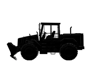 Naklejka premium Side view of a black silhouette of a construction vehicle with a shovel attachment.