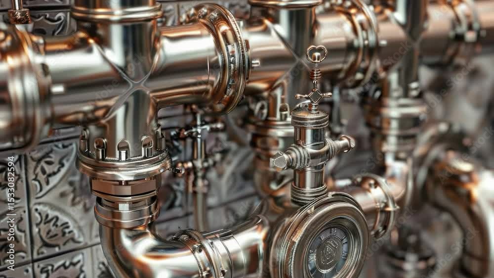 Poster close-up of industrial pipes and valves in a factory or workshop setting