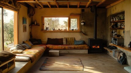 Cozy and Rustic Interior of a Warm and Inviting Earthy Living Room with Natural Light and a Wood Stove