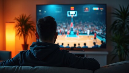 Man watches basketball game television at home. Person enjoys sport match in comfortable room on couch. Home entertainment, leisure time. People watch competition at night on screen.
