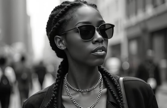 Fototapeta Elegant black woman wearing sunglasses walks down street. Stylish african american female in black, white candid street photo. Urban portrait of beautiful person with braids, silver chains. Fashion,