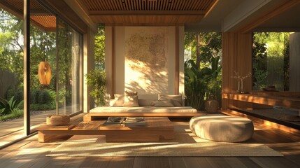 Serene Modern Living Room with Natural Light, Wooden Elements and Lush Greenery in a Cozy Interior Space
