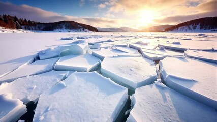 Dramatic winter landscape featuring cracked ice on a frozen lake with mountains and trees under a bright, sunny sky - Powered by Adobe
