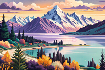 Mount Cook and Lake Pukaki in New Zealand’s South Island, featuring turquoise water, snowy peaks, alpine scenery, and clear skies