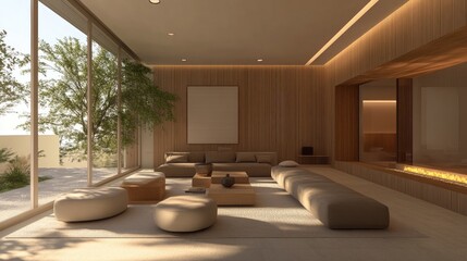 Modern minimalist living room design with large windows, natural light, and stylish furnishings for contemporary interiors