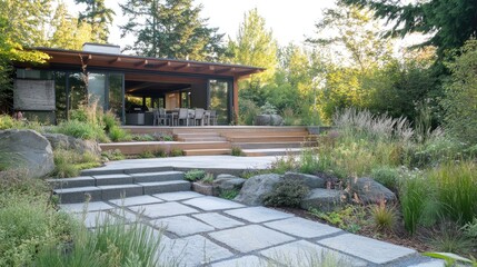 Elegant Modern Backyard Landscape with Stone Pathway and Contemporary Home Amid Lush Greenery in Bright Daylight