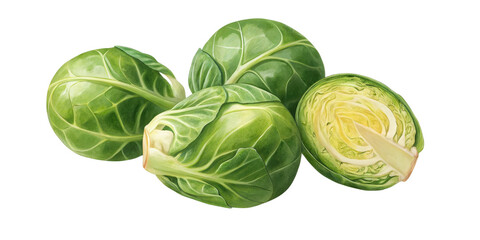 Obraz premium Brussel Sprouts Watercolor Painting, Three Whole and One Halved, Isolated on Transparent Background, illustration, vegetables, Brussels sprouts, watercolor, food