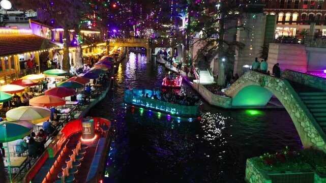 Holiday Lights on The San Antonio River Walk at Night, San Antonio, Texas, USA