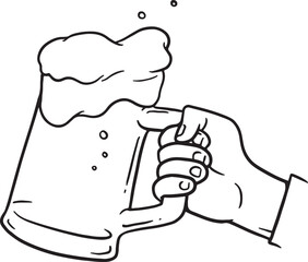 Hand-drawn illustration featuring a hand holding a frothy glass of beer. This doodle element is perfect for designs related to pubs, breweries, celebrations, happy hour, nightlife.