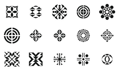 A collection of intricate black and white geometric patterns, showcasing a modern and artistic design aesthetic. Each symbol features unique shapes and arrangements.